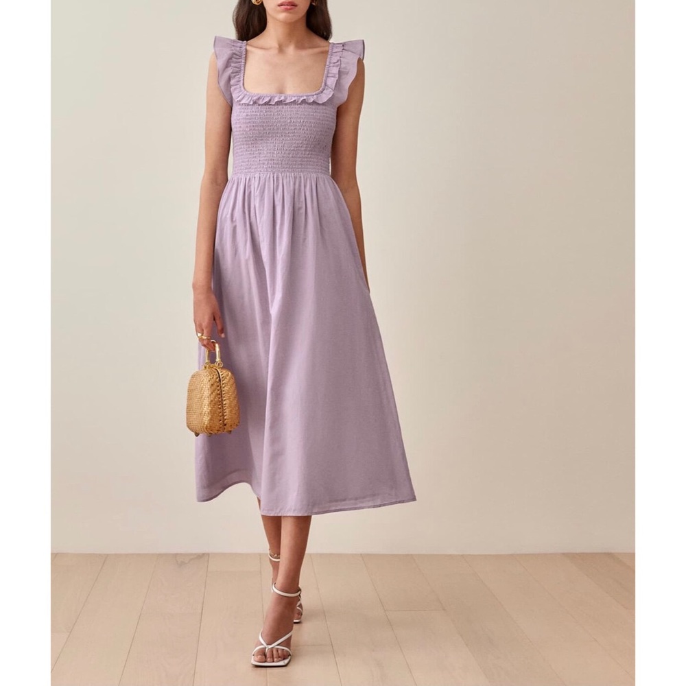 REFORMATION Noreen Smocked Ruffle Dress Midi Organic Cotton Lilac